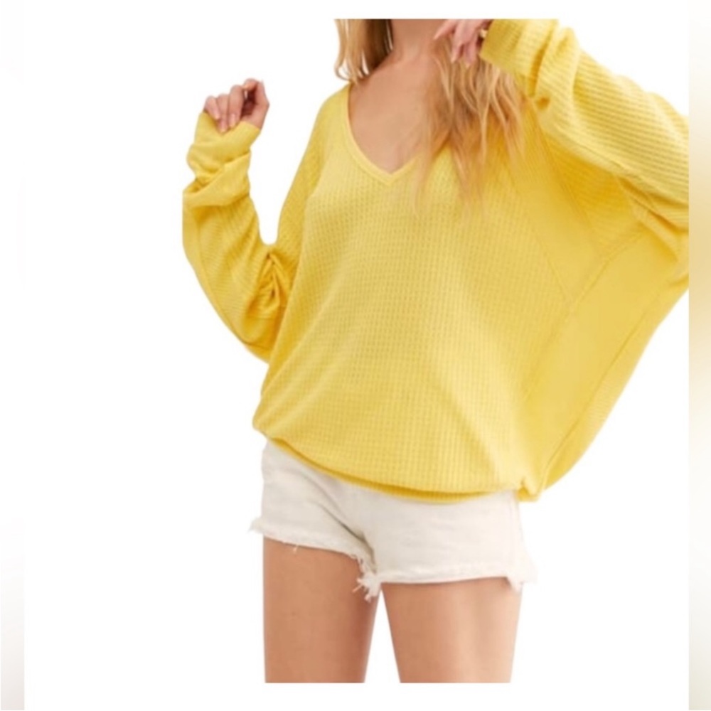 Free People We The Free Size  M Santa Clara Yellow V Neck Thermal Waffle Top